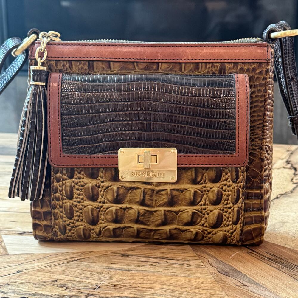 Brahmin Mimosa Crossbody Bag Tri Color Croc Embossed Leather Turnlock Tassel